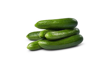 Fresh green cucumbers piled on transparent background