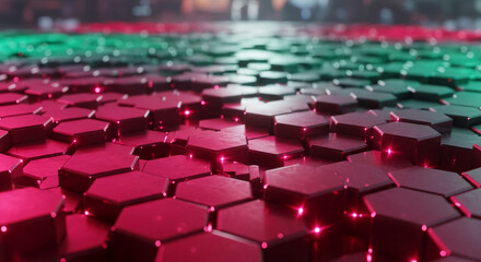 Obraz premium Close-up of a textured hexagonal tile arrangement in shades of red and green with reflective elements, representing modern technology and digital space