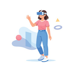 Fototapeta premium Girl interacting with virtual reality headset, flat vector illustration