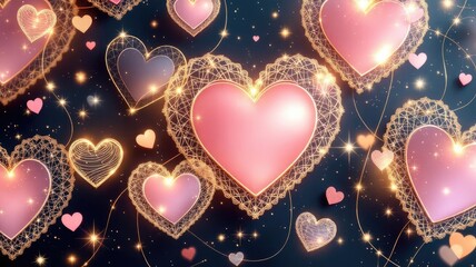 Abstract glowing pink hearts with intricate lace borders on a dark starry background.