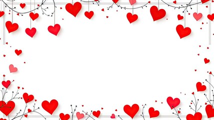 Beautiful background design with hanging red hearts and delicate branches for romantic themes.