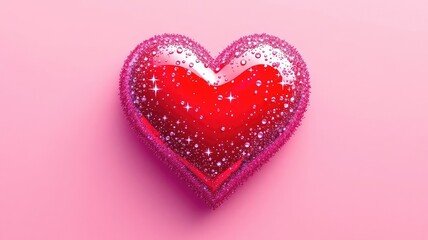 Sparkling Red Glitter Heart Decoration on Soft Pink Background.