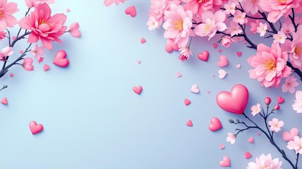 Delicate Pink Cherry Blossoms and Hearts on a Soft Blue Background for Spring Romance.