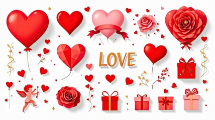 Collection of Valentines Day Romantic Symbols Including Hearts Roses Gifts and Cupid.