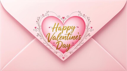 Elegant Pink Envelope with Golden Happy Valentines Day Heart Decoration.
