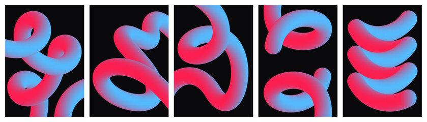 Abstract 3D pink and blue gradient curved tube shapes on black background