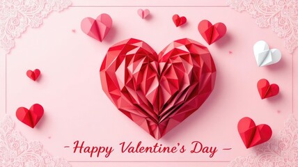 Artistic Valentines Day celebration with geometric origami hearts and romantic decorations.