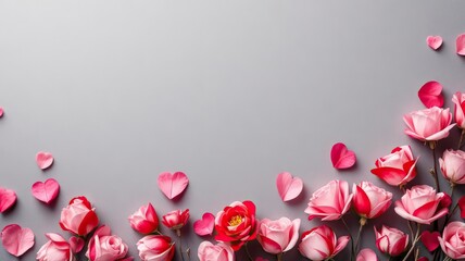 Elegant arrangement of pink and red roses with heart shapes on a soft grey background.