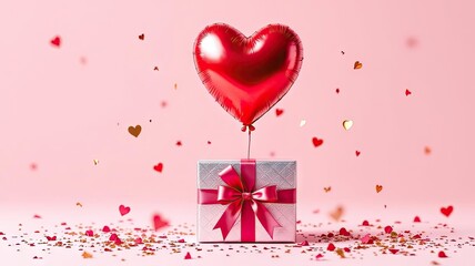 Red heart balloon floating above gift box with festive confetti celebration.