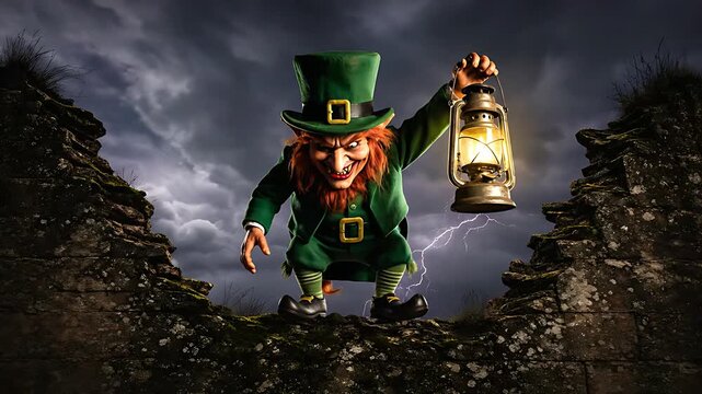 Menacing leprechaun character wearing a green suit and top hat stands powerfully while fiercely holding an illuminated antique lantern in a dramatic setting.