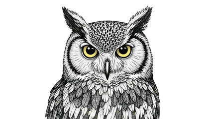 Obraz premium Striking black and white engraving of a great horned owl head features realistic feather textures and intense yellow eyes.