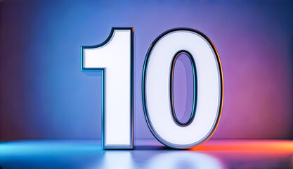 Glowing 3D number ten with neon blue and orange studio lighting.