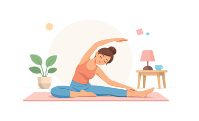 Obraz premium Woman stretching on yoga mat at home, flat vector illustration