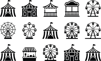 Fototapeta premium Amusement Park Outline Icon Set Ferris Wheel, Carousel, and Fair Attractions