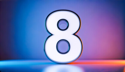 Glowing 3D number eight with neon blue and orange studio lighting.