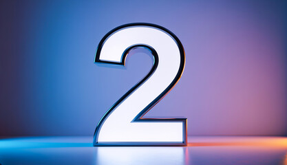 Glowing 3D number two with neon blue and orange studio lighting.