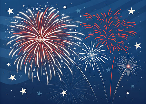 Vibrant red white and blue fireworks exploding in night sky with stars for celebration and patriotic events