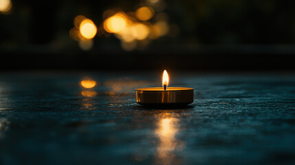 Candle flame tealight bokeh night reflection on dark stone
