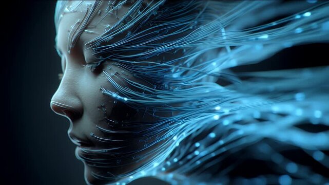 Futuristic female figure with glowing neural connections