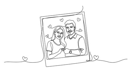 A romantic monochromatic continuous one-line drawing illustrates a happy couple posing lovingly inside a vintage photo frame with decorative hearts, isolated on a clean white background.