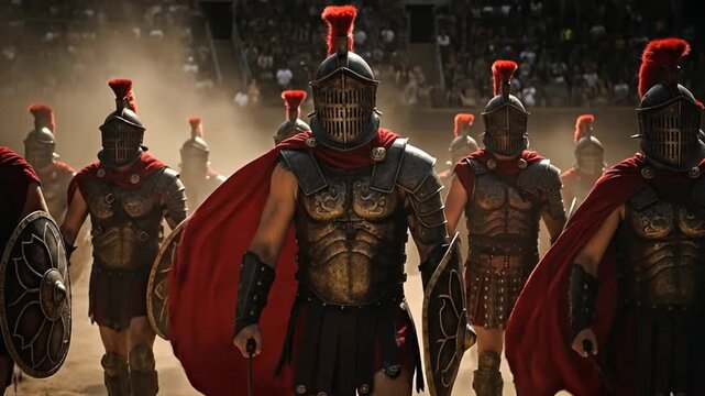 Troop of Roman Gladiators Marching Through Dark Arena