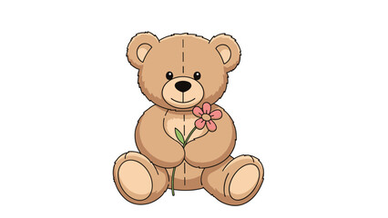 Fototapeta premium Cute brown teddy bear character sitting and holding a single pink flower on a plain white background for greeting card design.