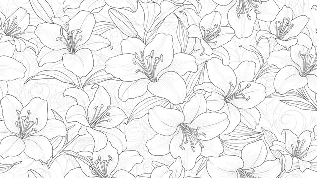 Dense and intricate seamless pattern featuring many lily flower sketches in delicate black line art on a white background.