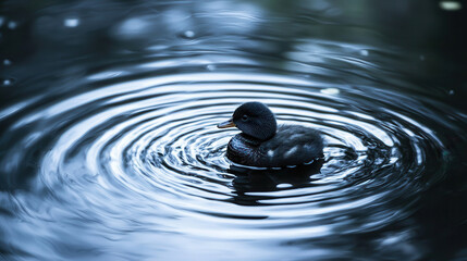 Duck water ripple pond reflection, calm moody light