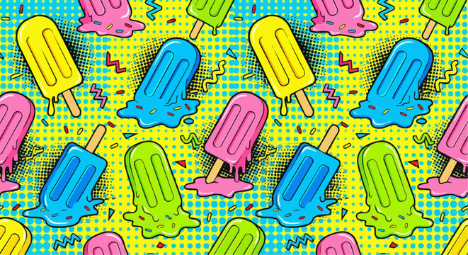 Pop art style colorful melting ice cream popsicles vector illustration.
