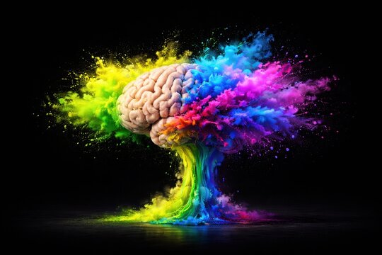 Surreal human brain exploding into vibrant multicolor powder on black background. Conceptual art symbolizing creativity, intelligence, innovation, and the power of human thought.