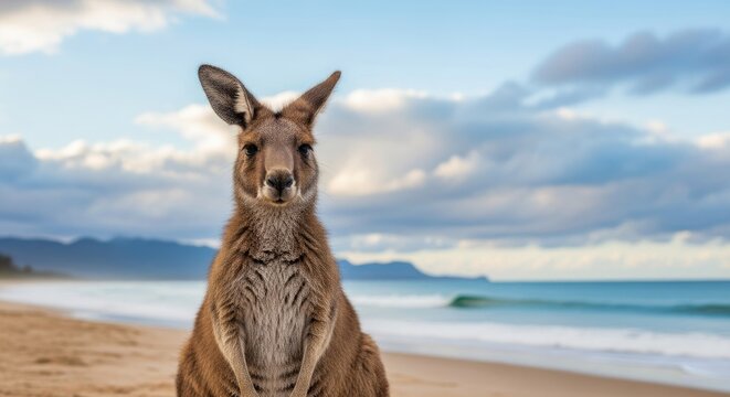 Kangaroo on a serene beach with cloudy skies and mountainous backdrop