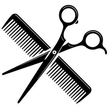 Professional hairdressing tools: classic black silhouette of scissors and comb