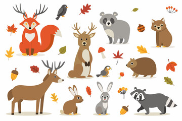 Autumn forest animals and falling leaves in a cute illustration