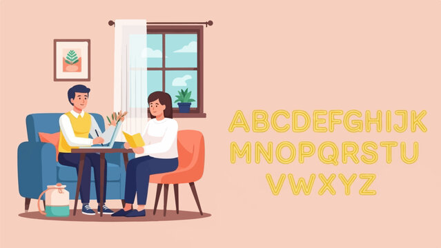 Two people learning and writing together on a couch with alphabet letters