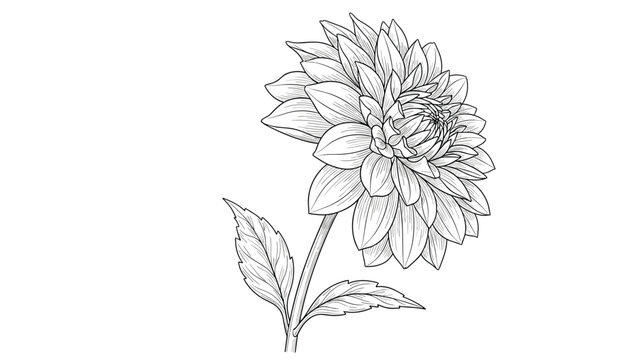 Hand drawn dahlia flower is shown in a detailed black ink sketch style with intricate petals and a single leaf.