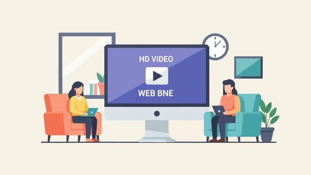 Two people relax on sofas watching HD video on a large computer screen