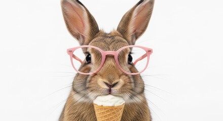 Obraz premium A rabbit wearing pink glasses and eating an ice cream cone