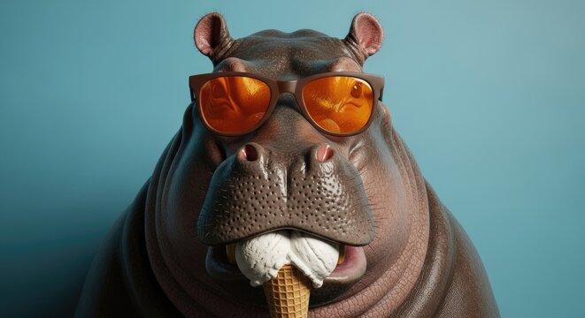 A hippopotamus wearing sunglasses and chewing a toothbrush against a blue background