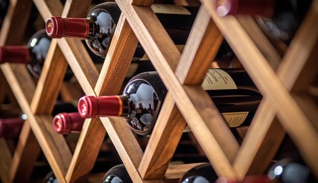 Wine bottles stored in wooden diamond-shaped wine rack, dark glass bottles with red and gold foil caps, horizontal bottle storage in rustic oak lattice shelving
