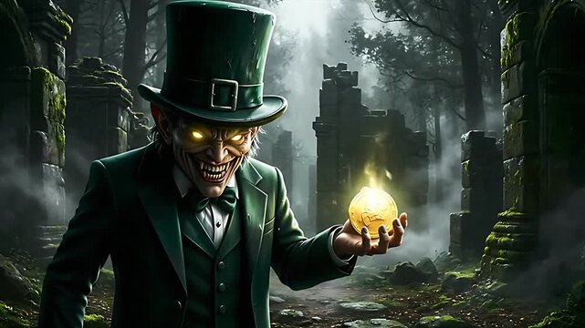 Sinister leprechaun character wearing a tall green hat and suit presents a glowing golden orb with menacingly bright eyes in a dark, ancient ruin setting.