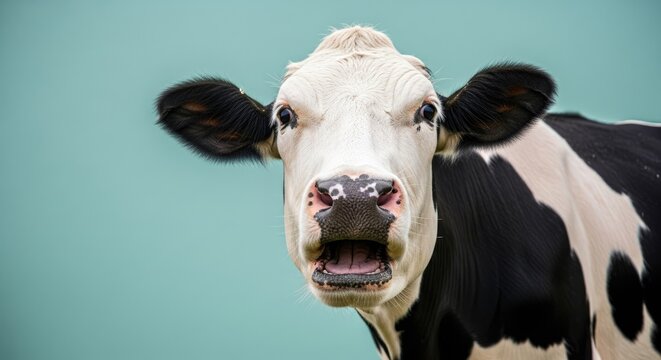 A close up of a cow with a shocked expression on its face