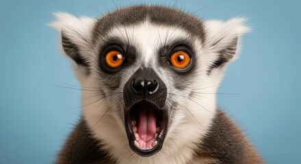 Fototapeta premium Close up of a lemur with an open mouth and striking orange eyes on a blue background