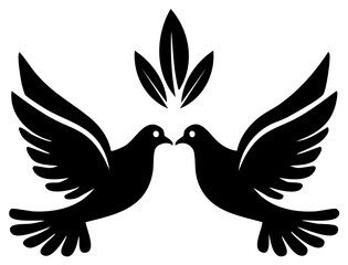 Obraz premium Silhouette of Two Doves Facing Each Other with Leaves, Vector Illustration