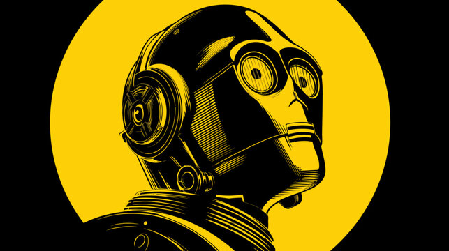 Robot head, stylized illustration, half-profile, against a yellow circle and black background
