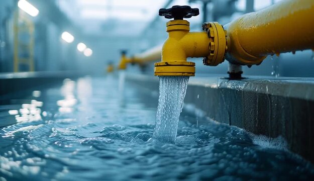 Yellow industrial water pipe with valve and faucet, clear water stream flowing from tap into concrete basin, water treatment facility or industrial plant interior