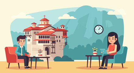 Two people relax near a building with red roofs and mountains