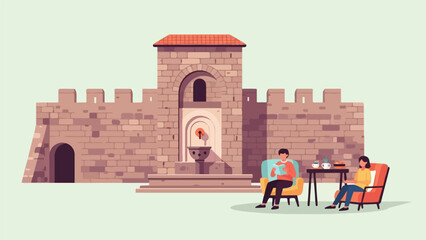 Two people relax near a stone fountain and crenellated wall