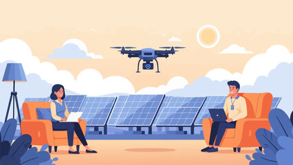 Two people relax near solar panels with a drone overhead
