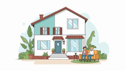 Two people relax on a couch outside a modern house surrounded by greenery