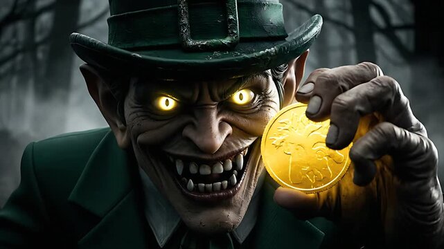 Sinister leprechaun character with glowing yellow eyes and sharp teeth prominently displays a shiny gold coin while wearing a dark green top hat and matching jacket.